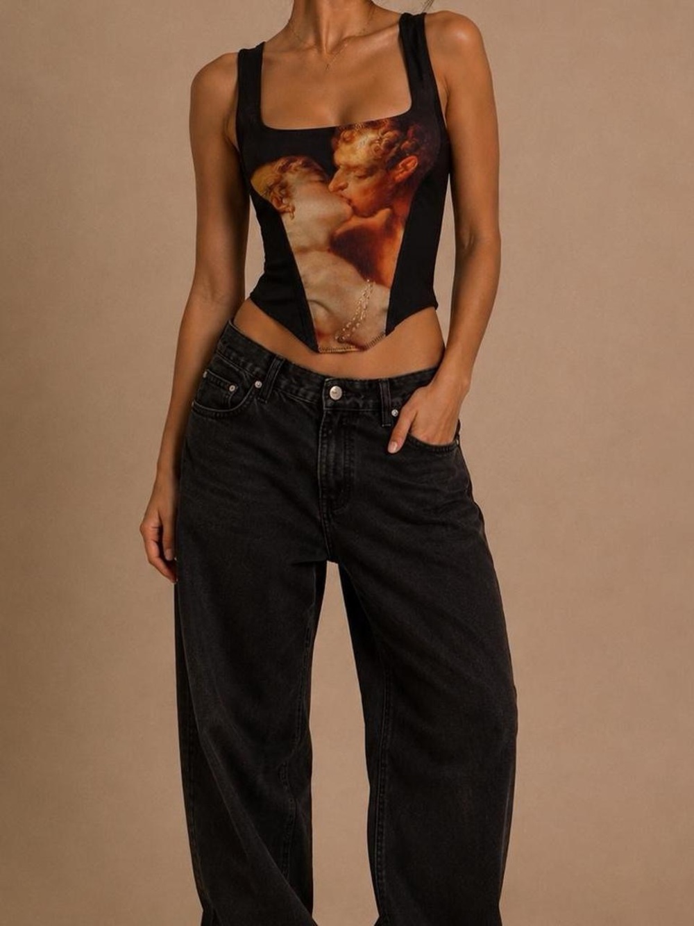 Black Graphic Square-Neck Corset Tank Top - Picture 3 of 5